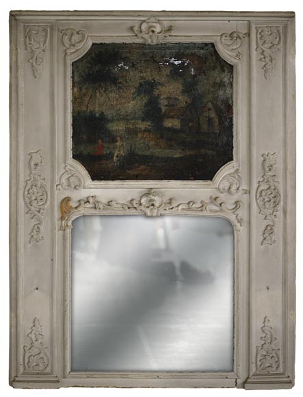 Старинное трюмо в стиле эпохи Регентства с зеркалом, украшенное картиной маслом, представляющей галантную сценку.-0