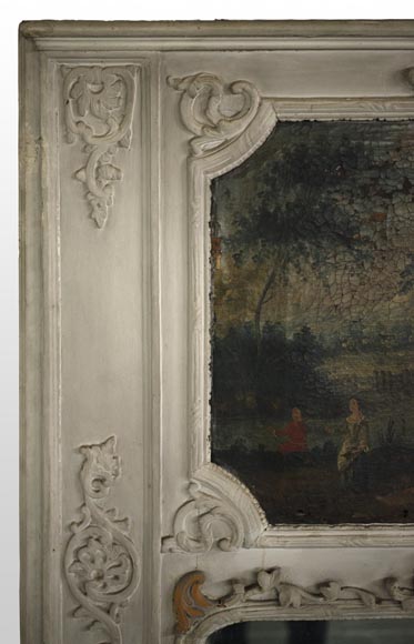 Старинное трюмо в стиле эпохи Регентства с зеркалом, украшенное картиной маслом, представляющей галантную сценку.-2