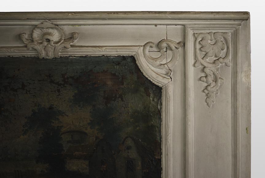 Старинное трюмо в стиле эпохи Регентства с зеркалом, украшенное картиной маслом, представляющей галантную сценку.-4