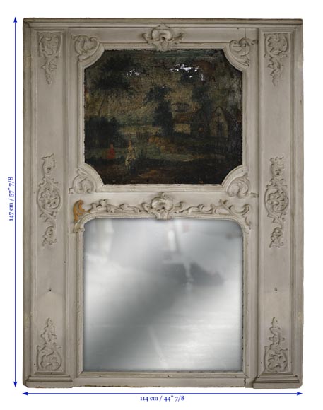 Старинное трюмо в стиле эпохи Регентства с зеркалом, украшенное картиной маслом, представляющей галантную сценку.-7
