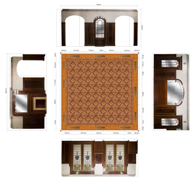 Великолепная деревянная обшивка комнаты в стиле Регентства, украшенная маркетри из красного дерева с камином, Франция 19 век.-31