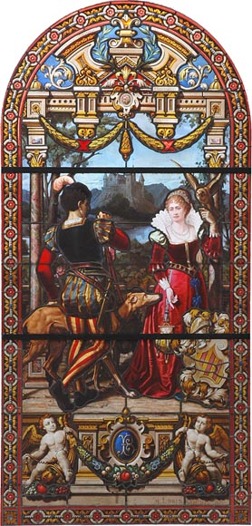 « Leaving for the Hunt , Important enamelled stained glass window by Maison Lorin coming from the Château des Ollières in Nice, France_ru
