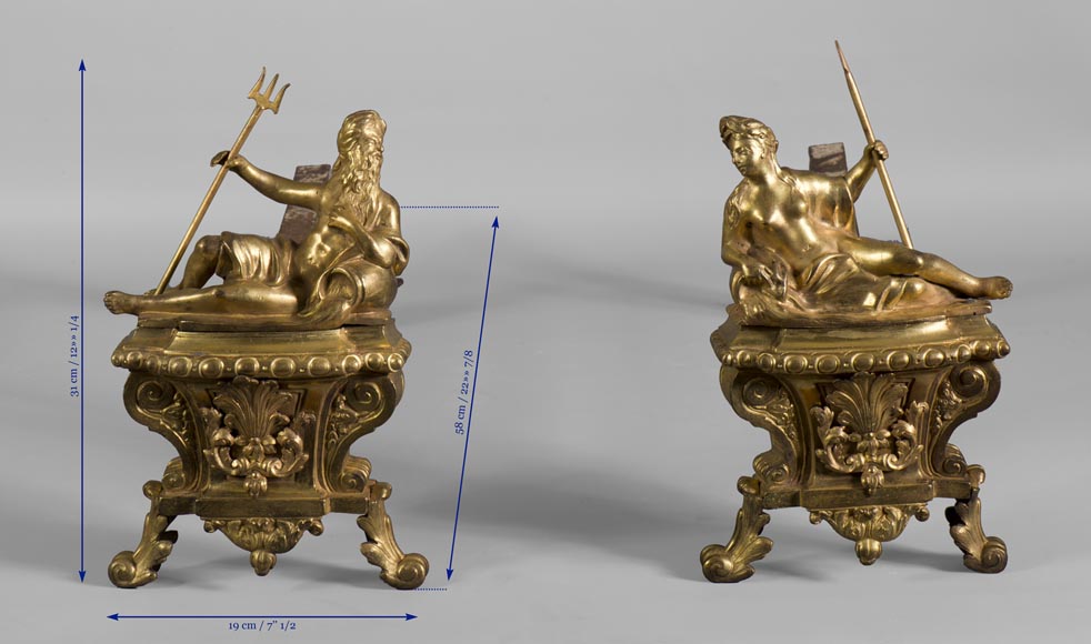 «Две реки», пара старинных дровниц из позолоченной бронзы. «Две реки», пара старинных дровниц из позолоченной бронзы.-8