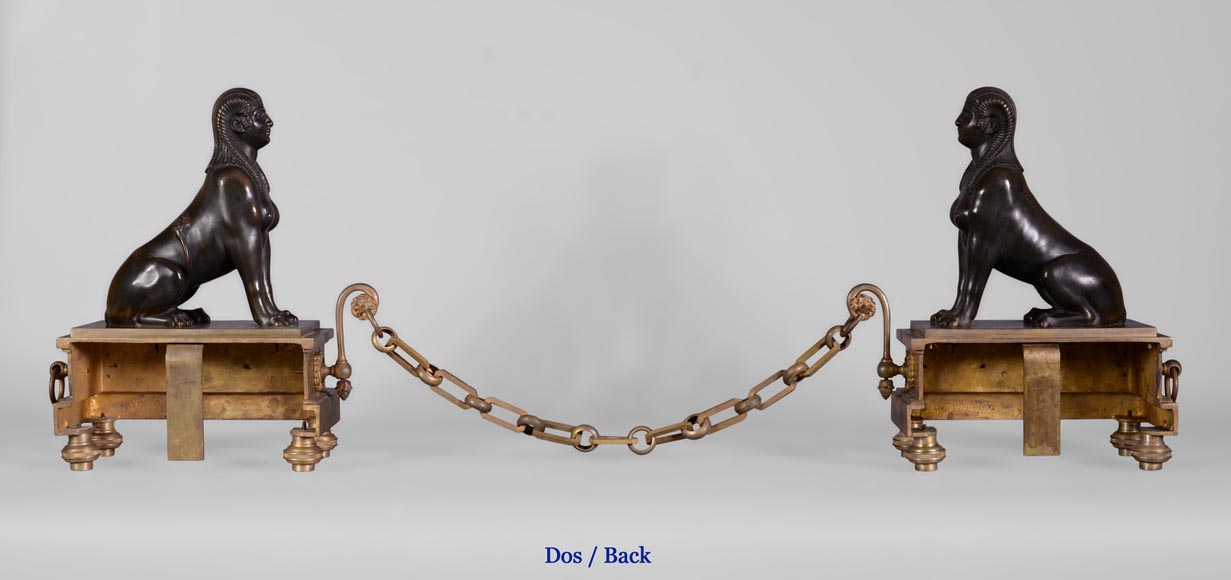 Пара дровниц в стиле Ампир из позолоченной бронзы и бронзы с коричневой патиной, украшенных женщинами-сфинксами. Пара дровниц в стиле Ампир из позолоченной бронзы и бронзы с коричневой патиной, украшенных женщинами-сфинксами.-8