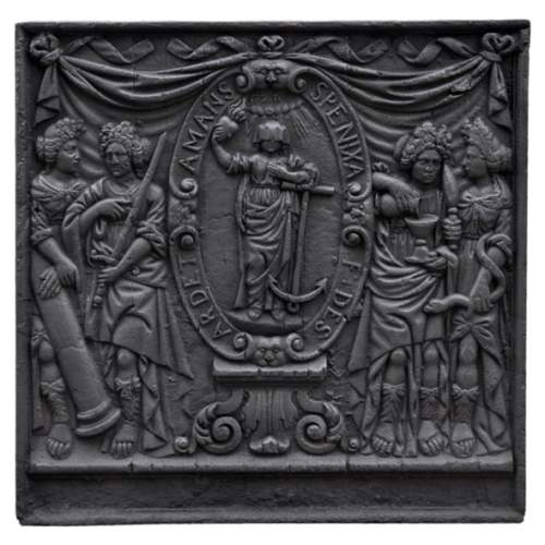 Старинная каминная плита, украшенная янсенистской сценкой, 18 век.