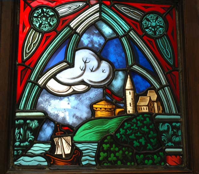 Витраж в нео-готическом стиле со сценкой, изображающей сельскую жизнь Витраж в нео-готическом стиле со сценкой, изображающей сельскую жизнь-1