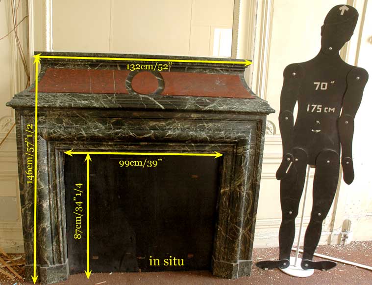 Старинный камин с вытяжным колпаком, выполненный из мрамора Верт де Мер и красного крапчатого мрамора.  Старинный камин с вытяжным колпаком, выполненный из мрамора Верт де Мер и красного крапчатого мрамора. -9