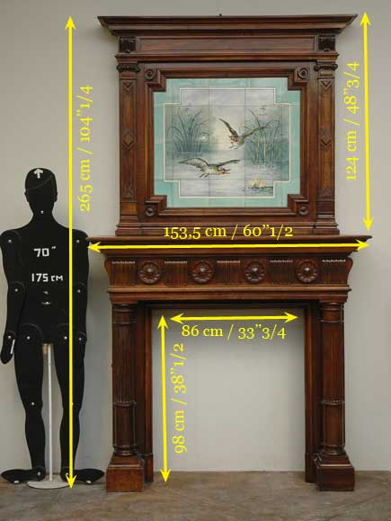 Старинный камин из орехового дерева с трюмо из фаянса. Старинный камин из орехового дерева с трюмо из фаянса.-6