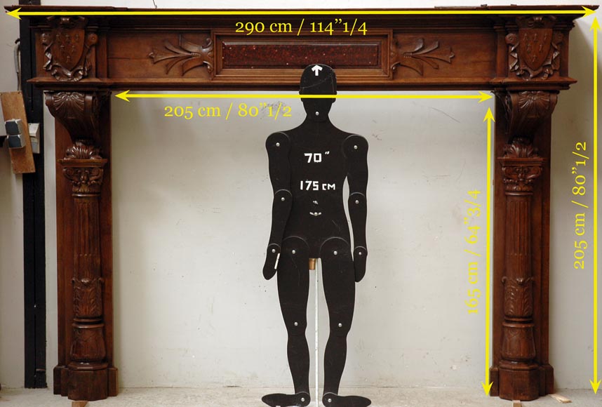 Большой старинный камин из дуба с инкрустацией из красного крапчатого мрамора.  Большой старинный камин из дуба с инкрустацией из красного крапчатого мрамора. -7