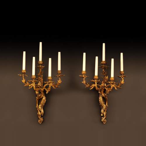 ''Драконы'' Редкая пара настенных светильников в японском стиле позолоченная бронза