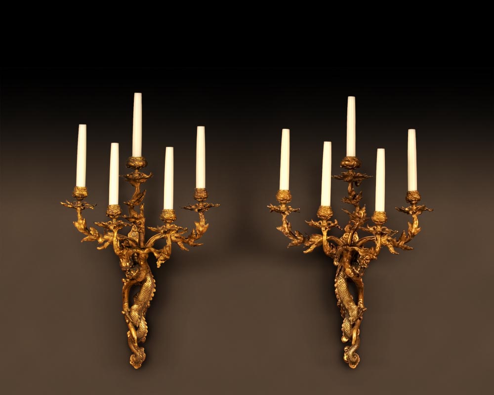 ''Драконы'' Редкая пара настенных светильников в японском стиле позолоченная бронза ''Драконы'' Редкая пара настенных светильников в японском стиле позолоченная бронза-0