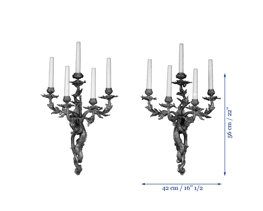 ''Драконы'' Редкая пара настенных светильников в японском стиле позолоченная бронза ''Драконы'' Редкая пара настенных светильников в японском стиле позолоченная бронза-3