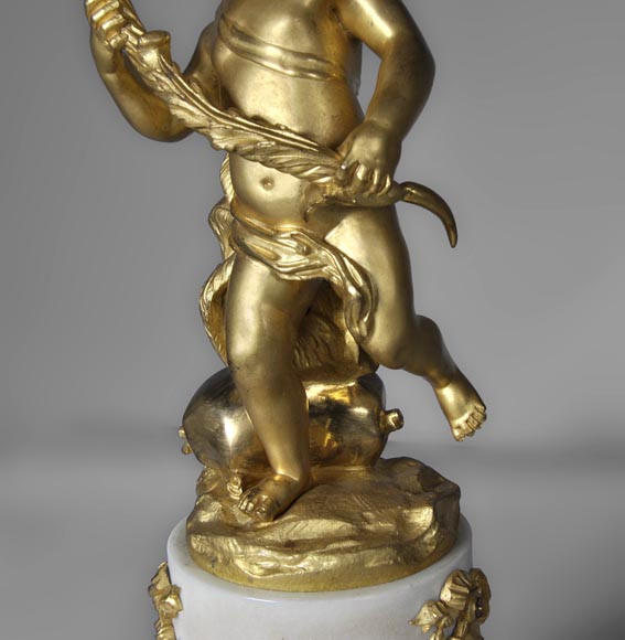 Красивая пара канделябров, изготовленных из скульптурного Каррарского мрамора и позолоченной бронзы, украшенных Амурами и розами. Красивая пара канделябров, изготовленных из скульптурного Каррарского мрамора и позолоченной бронзы, украшенных Амурами и розами.-4