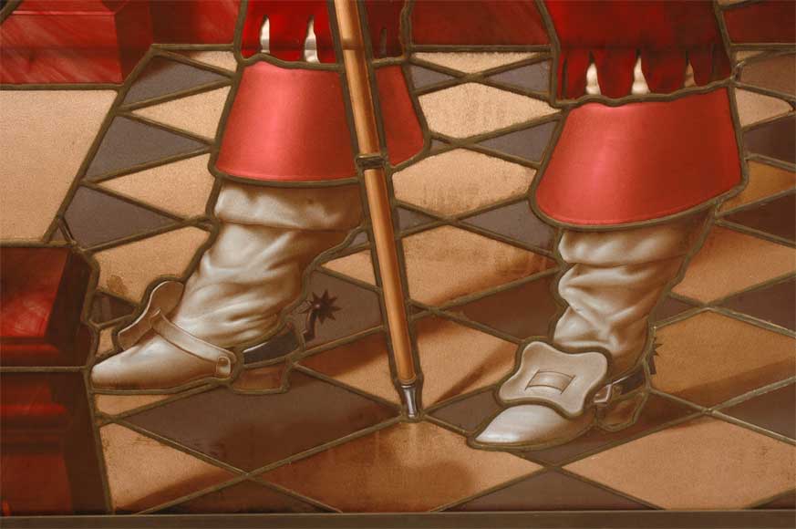 Витраж с мушкетёром, подписанный «Биттерлен Париж 1883» («Bitterlin Paris 1883»). Витраж с мушкетёром, подписанный «Биттерлен Париж 1883» («Bitterlin Paris 1883»).-2