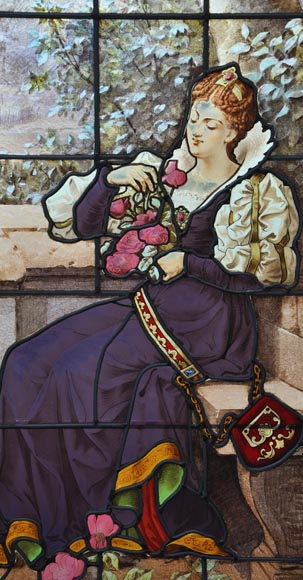 «Владелица замка с борзой», двустворчатое окно с витражом, подписанное Юбером Мартино из Парижа. «Владелица замка с борзой», двустворчатое окно с витражом, подписанное Юбером Мартино из Парижа.-1