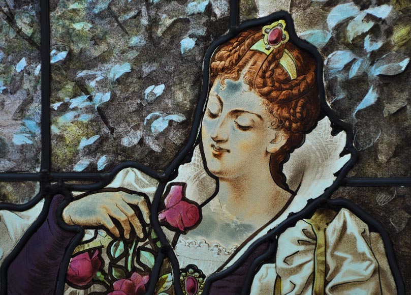 «Владелица замка с борзой», двустворчатое окно с витражом, подписанное Юбером Мартино из Парижа. «Владелица замка с борзой», двустворчатое окно с витражом, подписанное Юбером Мартино из Парижа.-2