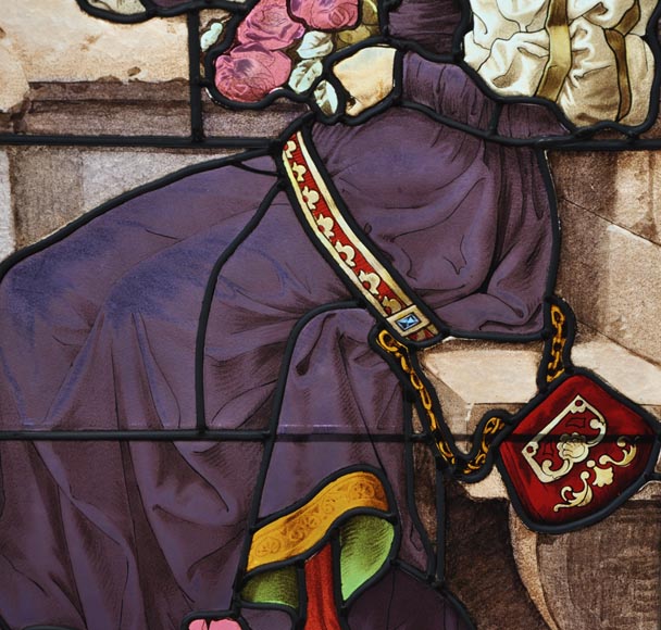 «Владелица замка с борзой», двустворчатое окно с витражом, подписанное Юбером Мартино из Парижа. «Владелица замка с борзой», двустворчатое окно с витражом, подписанное Юбером Мартино из Парижа.-3