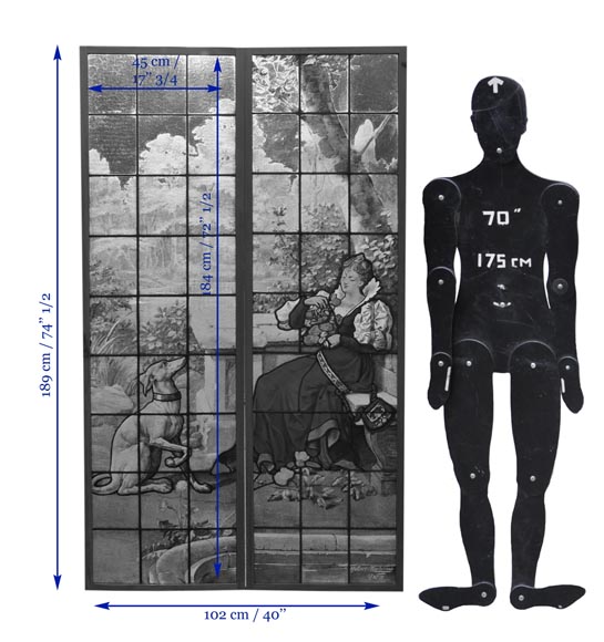 «Владелица замка с борзой», двустворчатое окно с витражом, подписанное Юбером Мартино из Парижа. «Владелица замка с борзой», двустворчатое окно с витражом, подписанное Юбером Мартино из Парижа.-7
