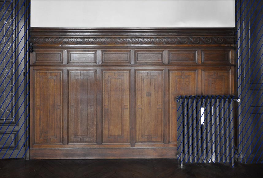 Ансамбль декоративных стенных панелей из дуба, украшенный фризом волнообразного орнамента. Ансамбль декоративных стенных панелей из дуба, украшенный фризом волнообразного орнамента.-0