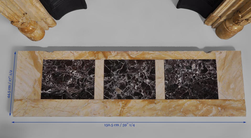 Красивый старинный камин в стиле Людовика XVI с полуколоннами, изготовленный из жёлтого мрамора из Сиены. Красивый старинный камин в стиле Людовика XVI с полуколоннами, изготовленный из жёлтого мрамора из Сиены.-9