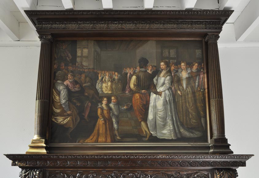 Большой старинный камин из скульптурного орехового дерева, украшенный картиной (холст, масло) 17 века по мотивам полотна Джованни Андреа КАСЕЛЛА. Большой старинный камин из скульптурного орехового дерева, украшенный картиной (холст, масло) 17 века по мотивам полотна Джованни Андреа КАСЕЛЛА.-1