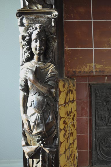 Большой старинный камин из скульптурного орехового дерева, украшенный картиной (холст, масло) 17 века по мотивам полотна Джованни Андреа КАСЕЛЛА. Большой старинный камин из скульптурного орехового дерева, украшенный картиной (холст, масло) 17 века по мотивам полотна Джованни Андреа КАСЕЛЛА.-10