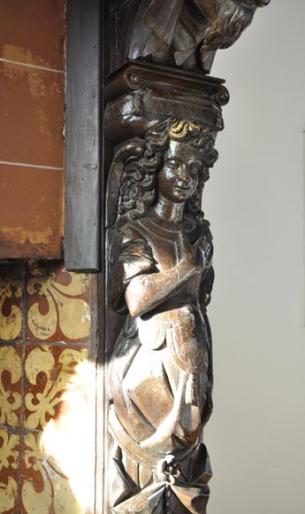 Большой старинный камин из скульптурного орехового дерева, украшенный картиной (холст, масло) 17 века по мотивам полотна Джованни Андреа КАСЕЛЛА. Большой старинный камин из скульптурного орехового дерева, украшенный картиной (холст, масло) 17 века по мотивам полотна Джованни Андреа КАСЕЛЛА.-14