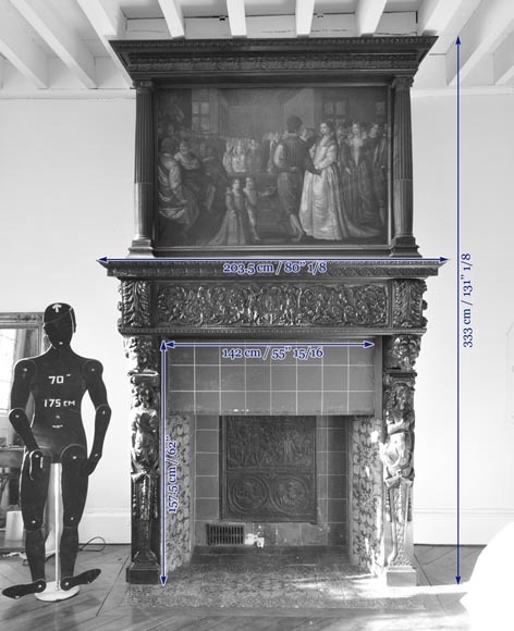 Большой старинный камин из скульптурного орехового дерева, украшенный картиной (холст, масло) 17 века по мотивам полотна Джованни Андреа КАСЕЛЛА. Большой старинный камин из скульптурного орехового дерева, украшенный картиной (холст, масло) 17 века по мотивам полотна Джованни Андреа КАСЕЛЛА.-17