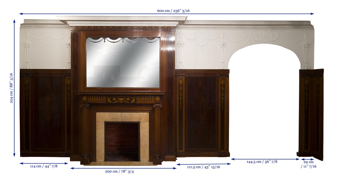 Великолепная деревянная обшивка комнаты в стиле Регентства, украшенная маркетри из красного дерева с камином, Франция 19 век. Великолепная деревянная обшивка комнаты в стиле Регентства, украшенная маркетри из красного дерева с камином, Франция 19 век.-25