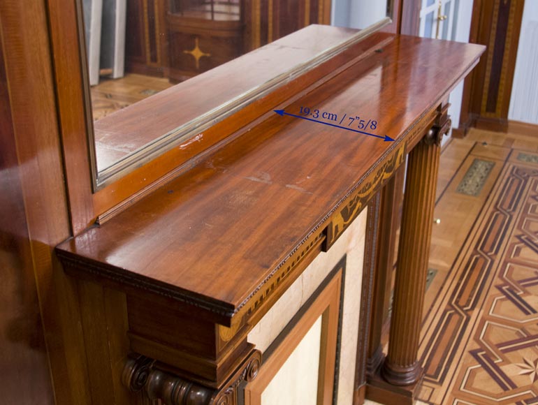 Великолепная деревянная обшивка комнаты в стиле Регентства, украшенная маркетри из красного дерева с камином, Франция 19 век. Великолепная деревянная обшивка комнаты в стиле Регентства, украшенная маркетри из красного дерева с камином, Франция 19 век.-26