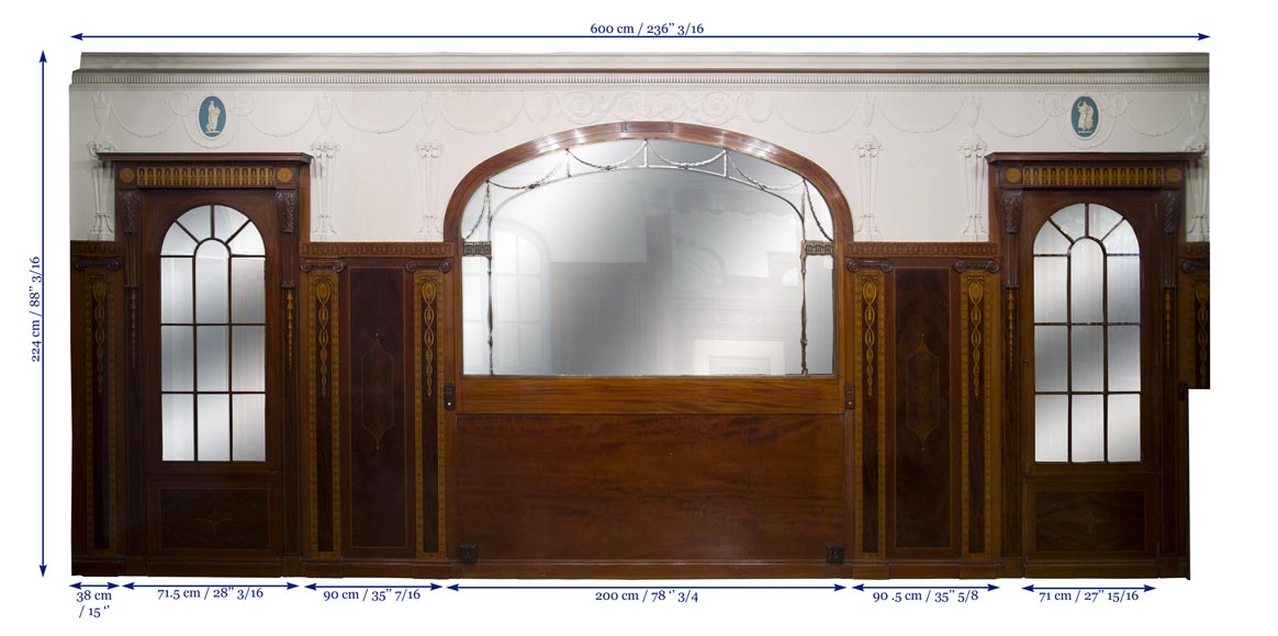 Великолепная деревянная обшивка комнаты в стиле Регентства, украшенная маркетри из красного дерева с камином, Франция 19 век. Великолепная деревянная обшивка комнаты в стиле Регентства, украшенная маркетри из красного дерева с камином, Франция 19 век.-29