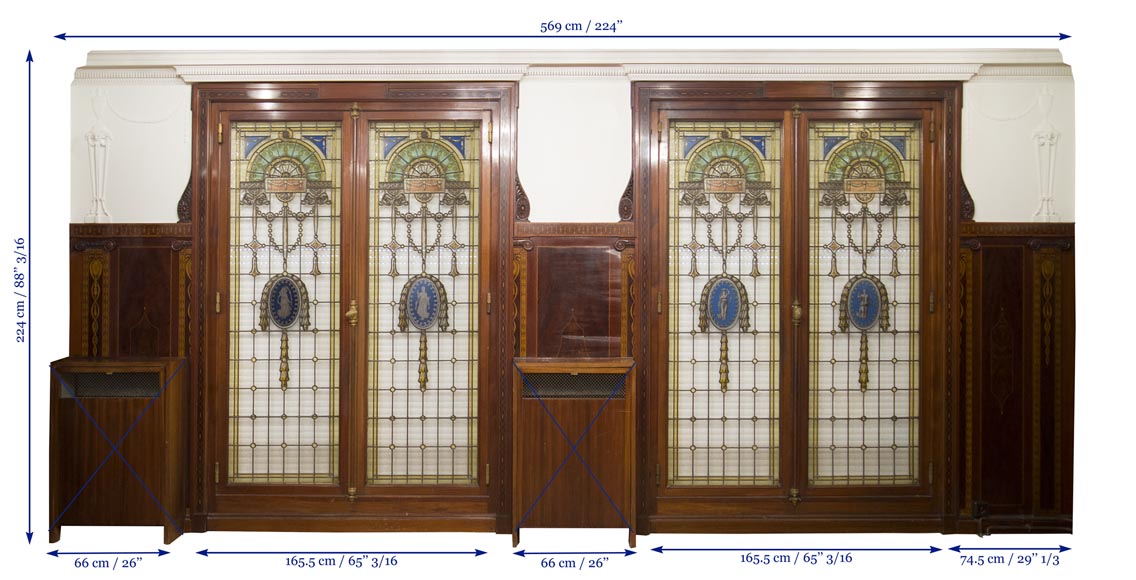 Великолепная деревянная обшивка комнаты в стиле Регентства, украшенная маркетри из красного дерева с камином, Франция 19 век. Великолепная деревянная обшивка комнаты в стиле Регентства, украшенная маркетри из красного дерева с камином, Франция 19 век.-30