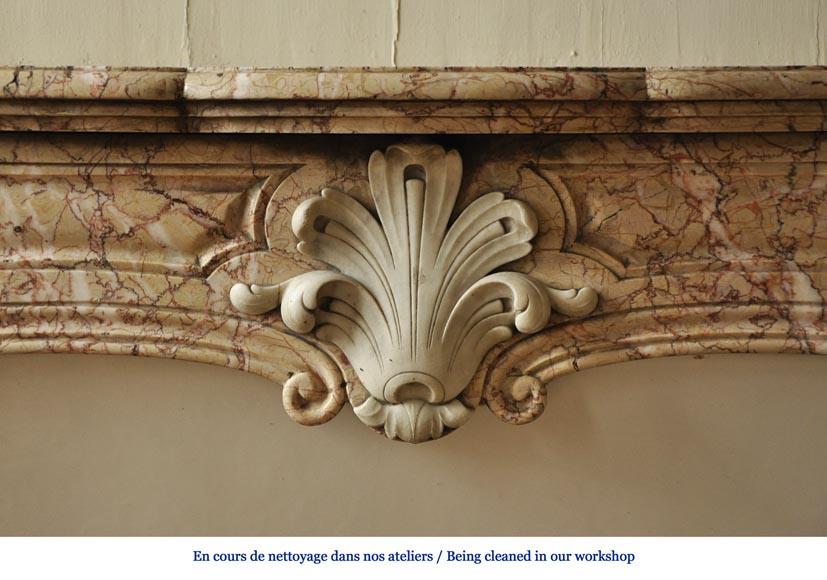 Старинный камин в стиле Людовика XV, изготовленный из мрамора Breccia Nuvolata, украшенный раковиной из каррарского мрамора. Старинный камин в стиле Людовика XV, изготовленный из мрамора Breccia Nuvolata, украшенный раковиной из каррарского мрамора.-1