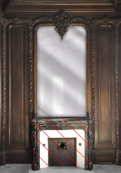 Старинная деревянная обшивка большой комнаты из скульптурного дуба, украшенная охотничьими трофеями и натюрмортами. Старинная деревянная обшивка большой комнаты из скульптурного дуба, украшенная охотничьими трофеями и натюрмортами.-3