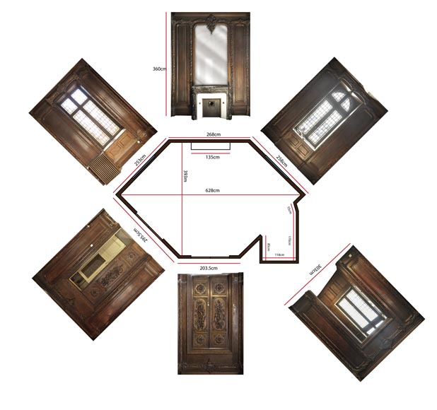 Старинная деревянная обшивка большой комнаты из скульптурного дуба, украшенная охотничьими трофеями и натюрмортами. Старинная деревянная обшивка большой комнаты из скульптурного дуба, украшенная охотничьими трофеями и натюрмортами.-17