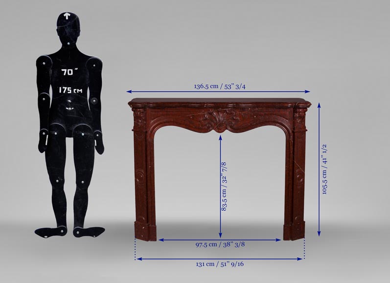 Старинный камин в стиле Людовика XV с тремя раковинами, изготовленный из мрамора красный Гриотт. Старинный камин в стиле Людовика XV с тремя раковинами, изготовленный из мрамора красный Гриотт.-9