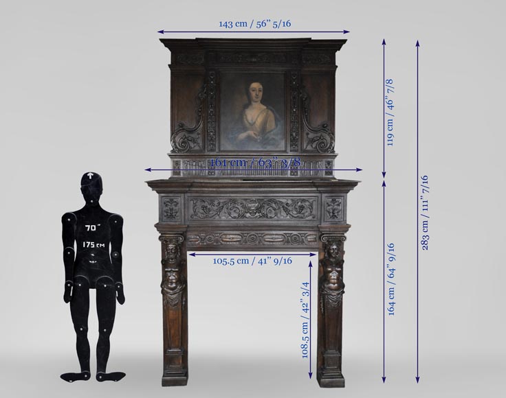 Старинный дубовый камин в стиле Неоренессанс, украшенный портретом женщины. Старинный дубовый камин в стиле Неоренессанс, украшенный портретом женщины.-11