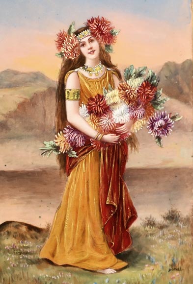 DORVAL, émailleur - Triptyque émaillé aux femmes à fleurs de chrysanthème-2