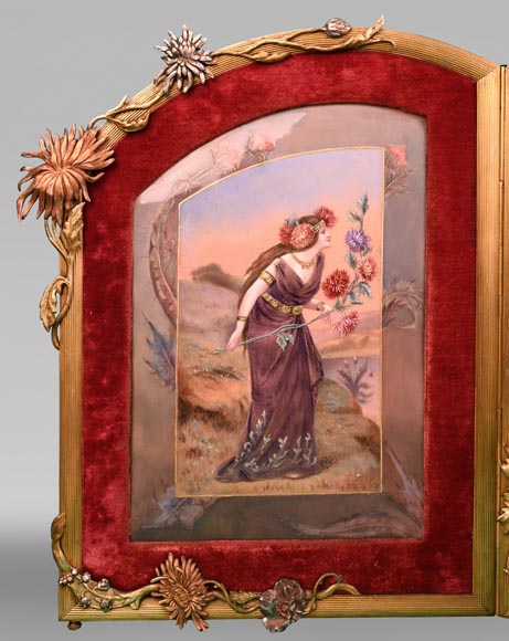 DORVAL, émailleur - Triptyque émaillé aux femmes à fleurs de chrysanthème-4