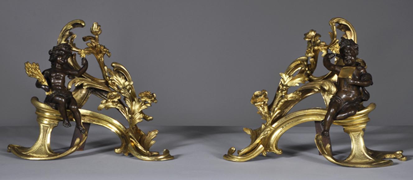 Красивая пара старинных дровниц эпохи Людовика XV, украшенных аллегориями Лета, изготовленных из позолоченной бронзы и бронзы с коричневой патиной.-0