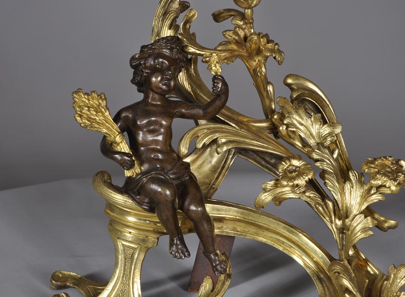 Красивая пара старинных дровниц эпохи Людовика XV, украшенных аллегориями Лета, изготовленных из позолоченной бронзы и бронзы с коричневой патиной.-1