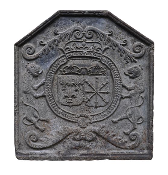 Красивая старинная каминная плита 18 века, украшенная гербами Франции и Наварры.-0
