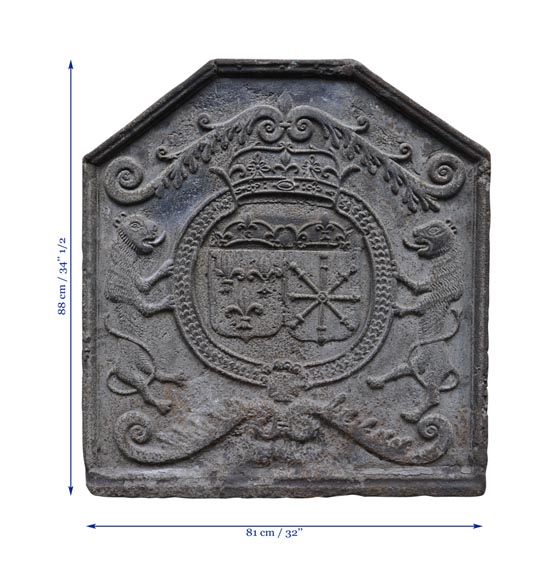 Красивая старинная каминная плита 18 века, украшенная гербами Франции и Наварры.-7
