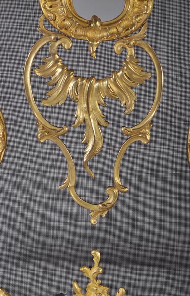 Старинный защитный экран камина в стиле Людовика XV, изготовленный из позолоченной бронзы, украшенный лиственными и цветочными орнаментами.-1