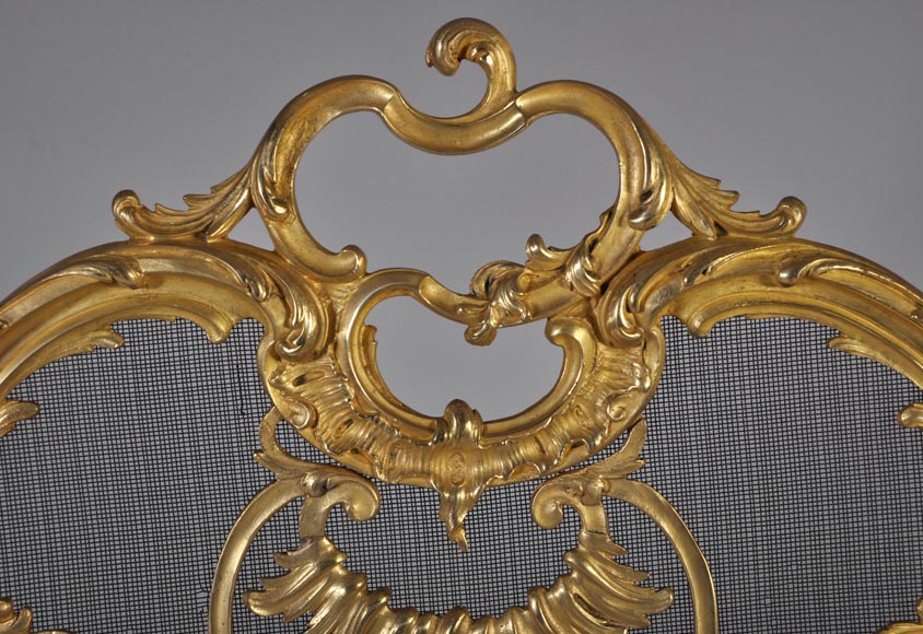 Старинный защитный экран камина в стиле Людовика XV, изготовленный из позолоченной бронзы, украшенный лиственными и цветочными орнаментами.-2