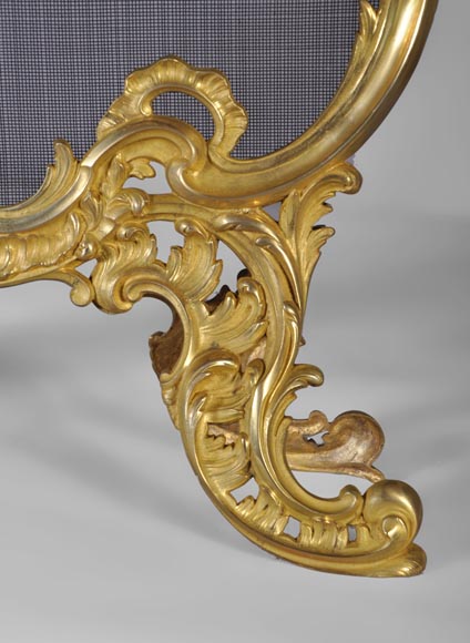 Старинный защитный экран камина в стиле Людовика XV, изготовленный из позолоченной бронзы, украшенный лиственными и цветочными орнаментами.-4