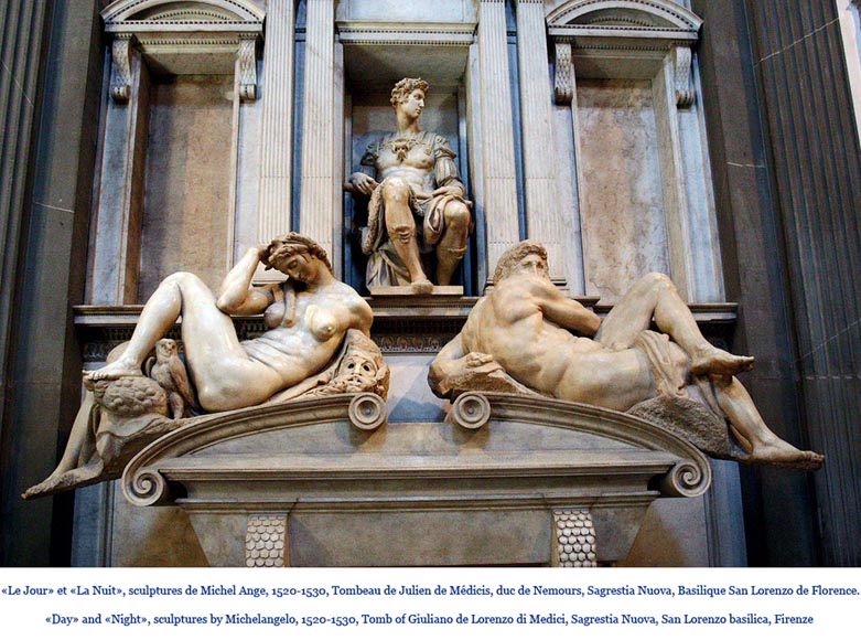 Фердинанд БАРБЕДИЕНН – «День» и «Ночь», великолепная перекладина дровницы из позолоченной бронзы, украшенная по модели скульптур работы Микеланджело на гробнице Жюльена Медичи.-13