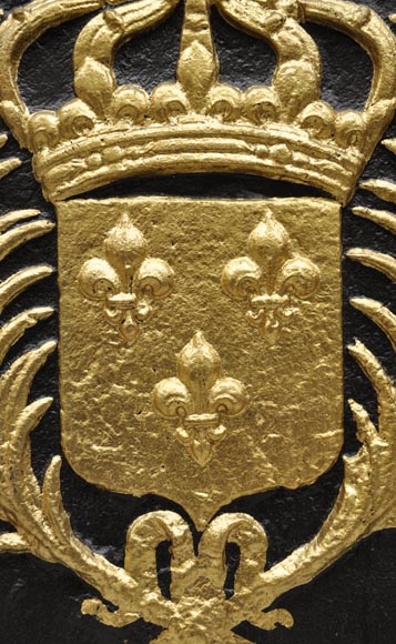 Большая каминная плита, украшенная гербами Франции, отделанная позолотой.-3