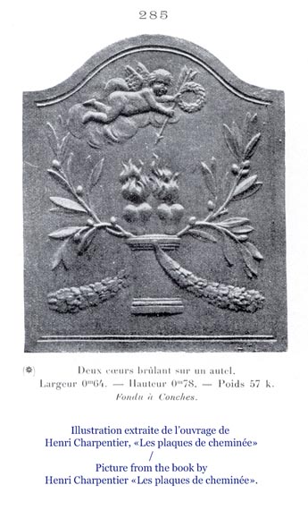 «Два сердца, пылающих на алтаре», маленькая старинная каминная плита эпохи Людовика XVI.-7
