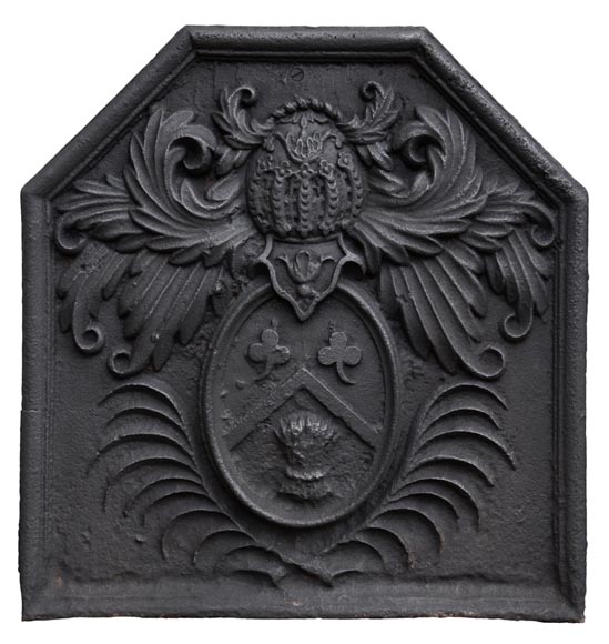 Старинная каминная плита 18 века, украшенная гербами семьи Фонтен де Бире.-0